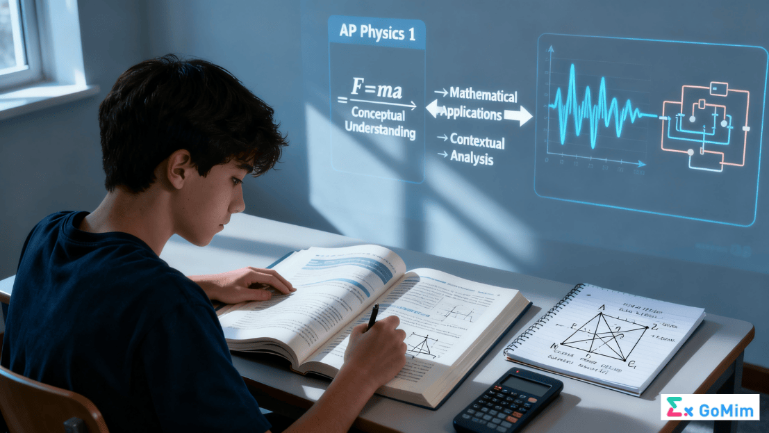 Student studying AP Physics 1, with visual elements illustrating the course's blend of conceptual, mathematical, and contextual demands that make it rigorous.