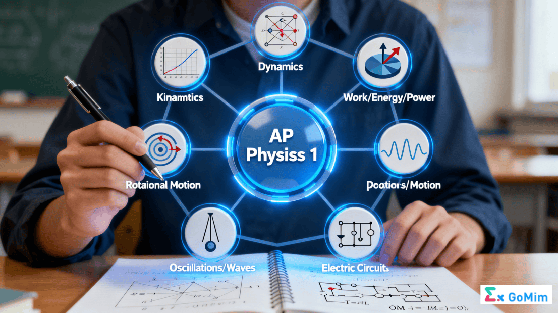 Visual display of AP Physics 1 core topics including kinematics, dynamics, work/energy/power, and electric circuits.