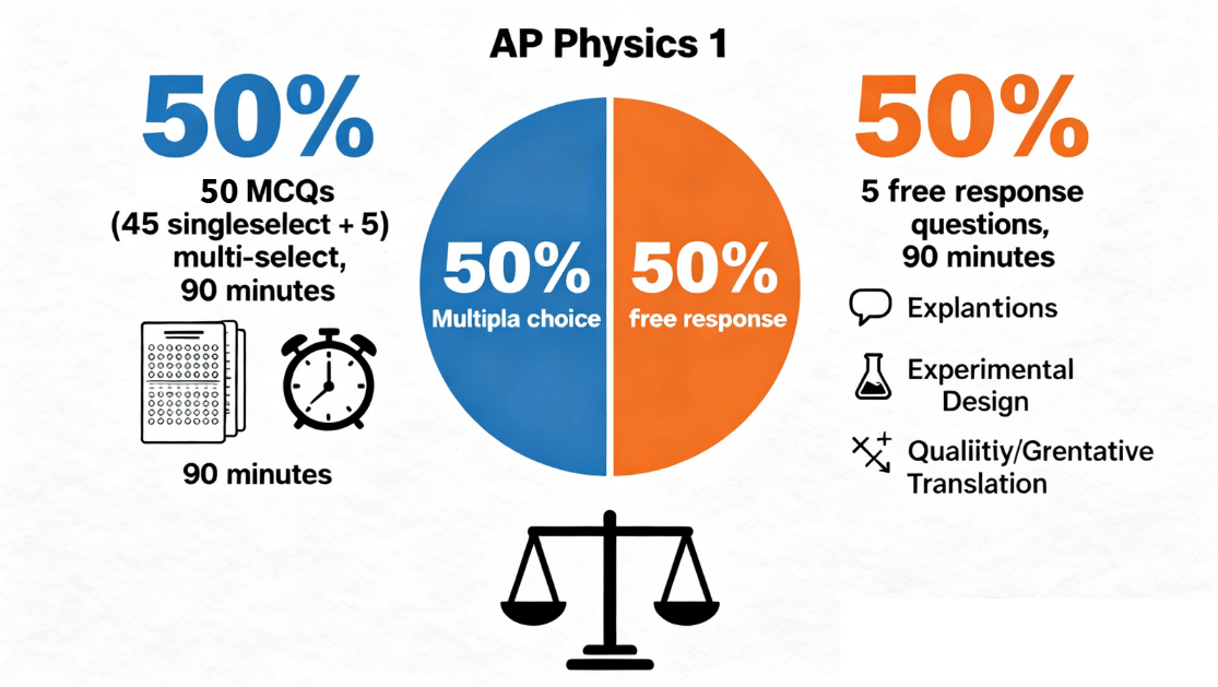 Infographic showing AP Physics 1 exam format: 50% multiple-choice (50 questions, 90 mins) and 50% free-response (5 questions, 90 mins) with tasks like explanations and experimental design.