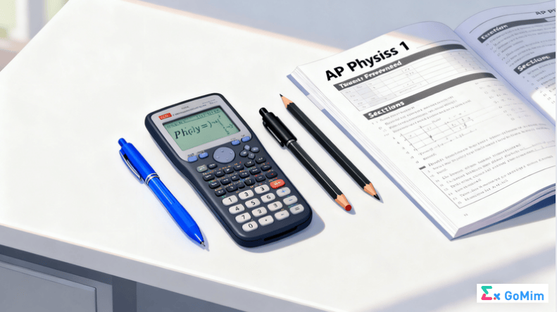AP Physics 1 exam setup with approved tools—calculator and proper pens.