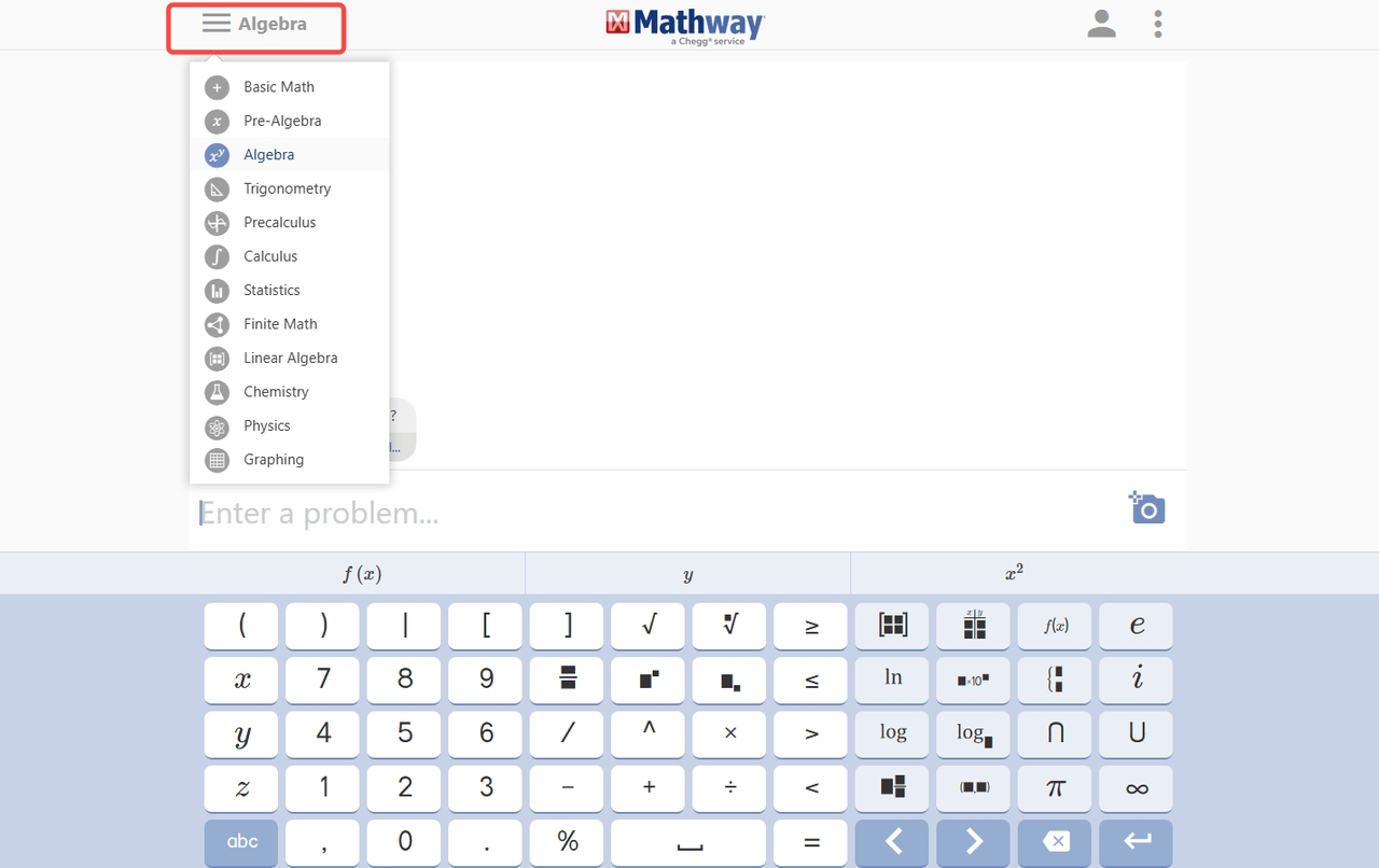 Mathway interface with Algebra dropdown menu and math keyboard for AI Math solver tasks.