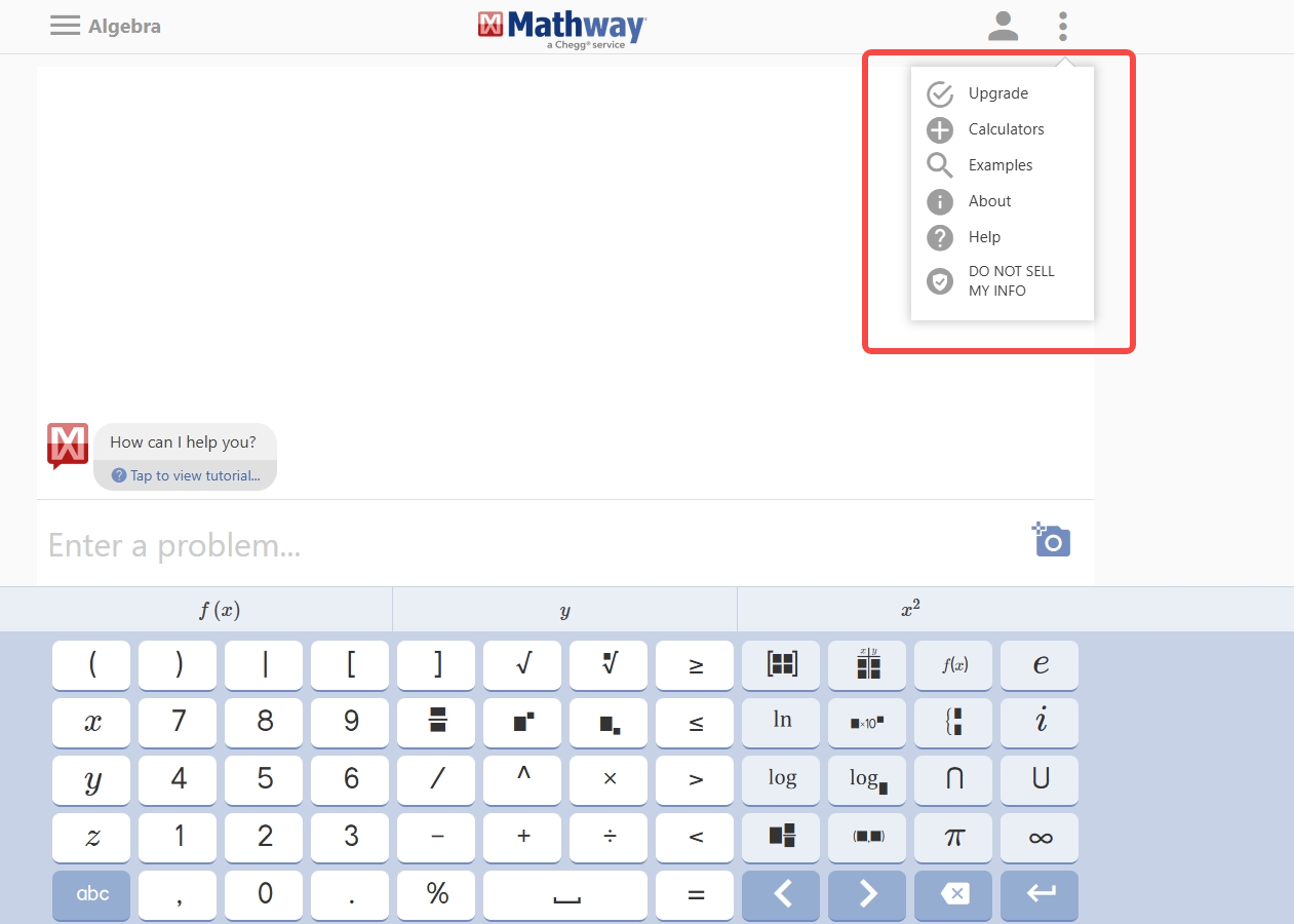 Mathway interface with top-right menu displaying "Upgrade" option.