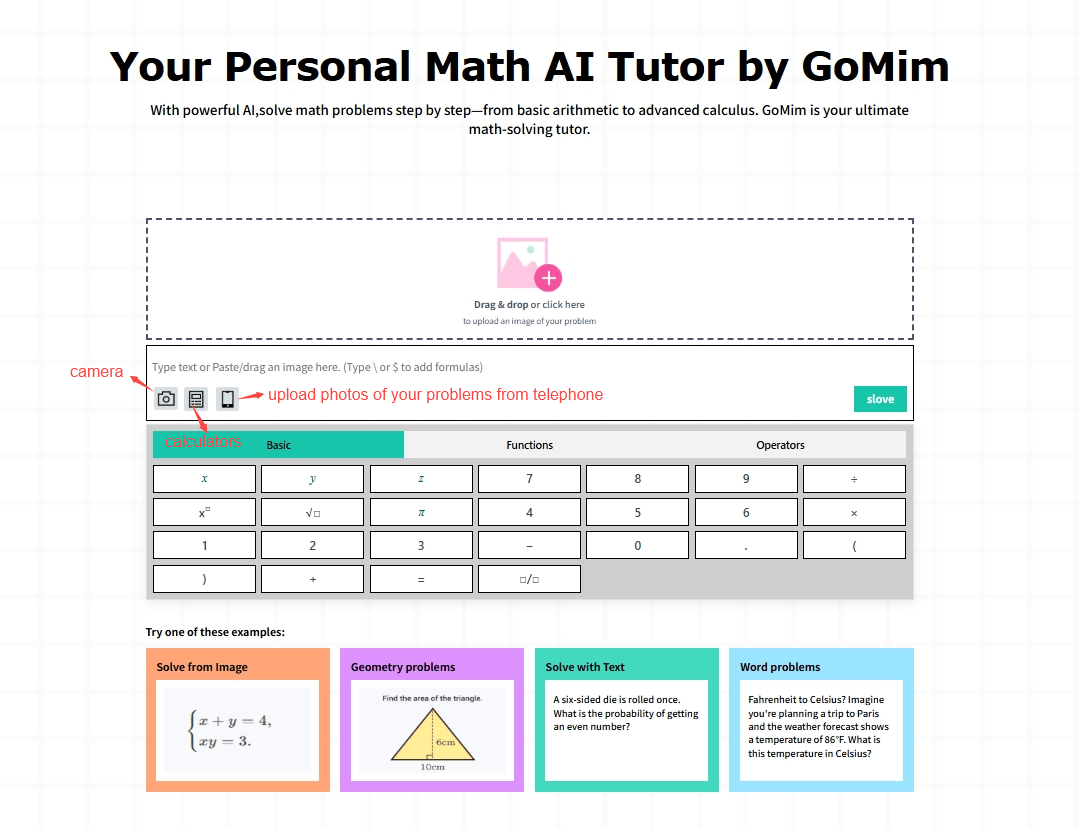 Gomim's math AI solver interface with input box, calculator, and sample math problems.
