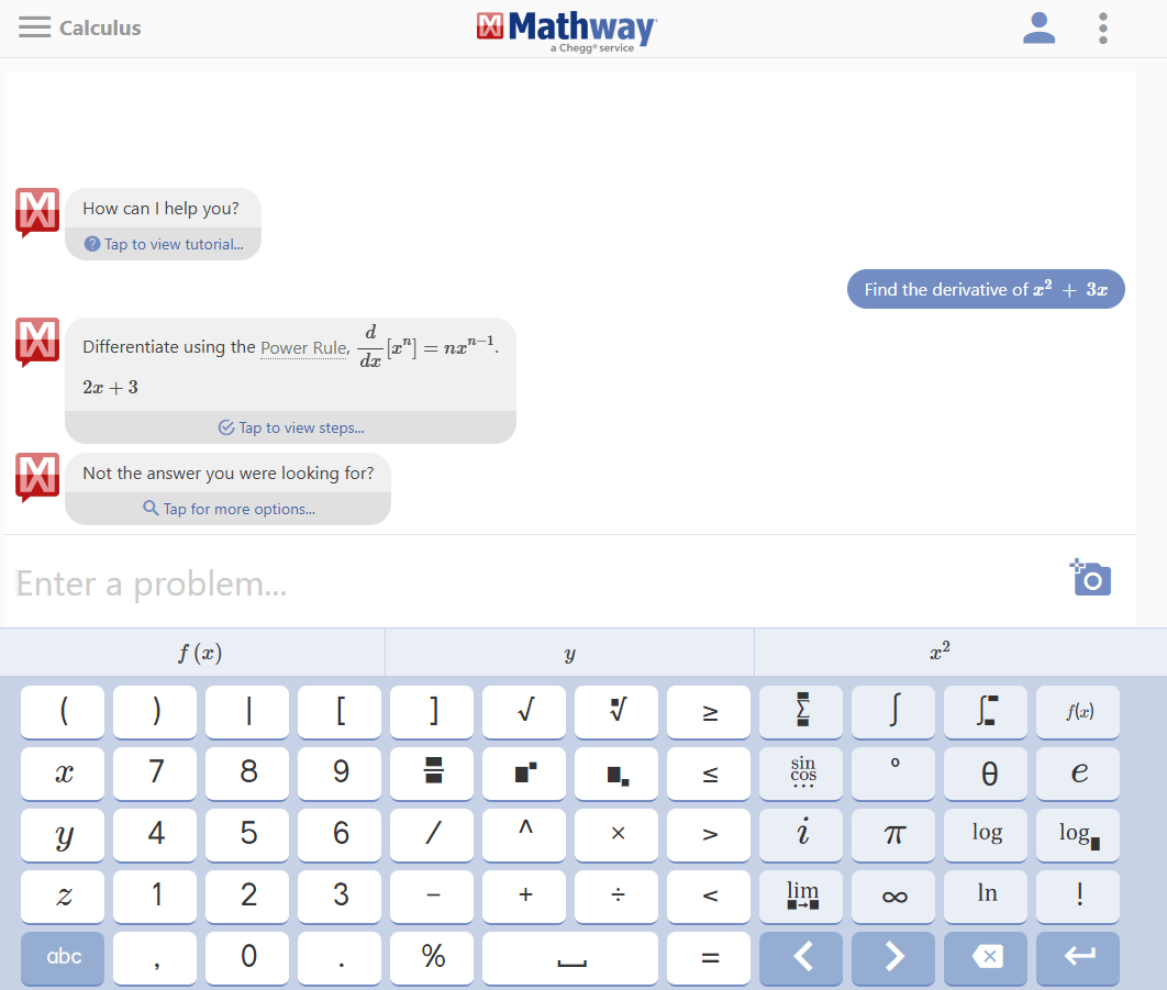 Mathway interface solving a calculus derivative problem without a correct answer, pointing out its AI Math solver workflow with manual category switching needs.