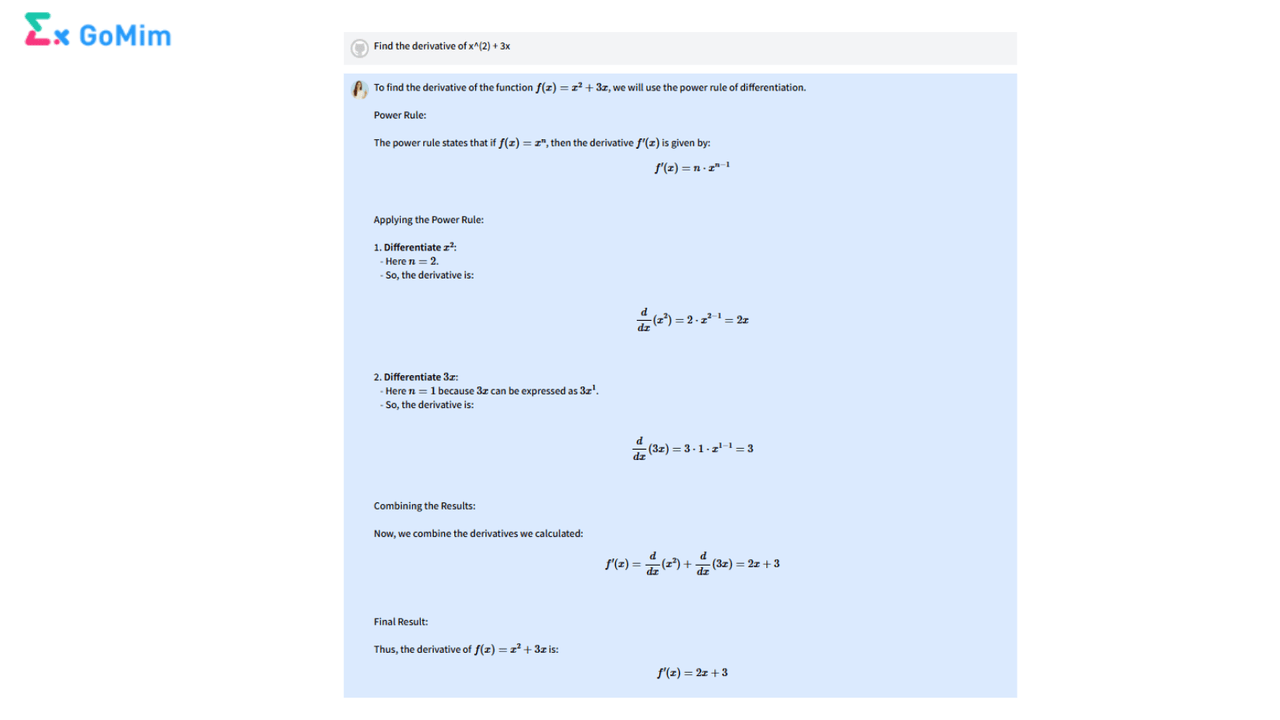 Gomim's math AI interface displaying full step-by-step derivative solution with no paywalls, enabling smooth calculus learning.