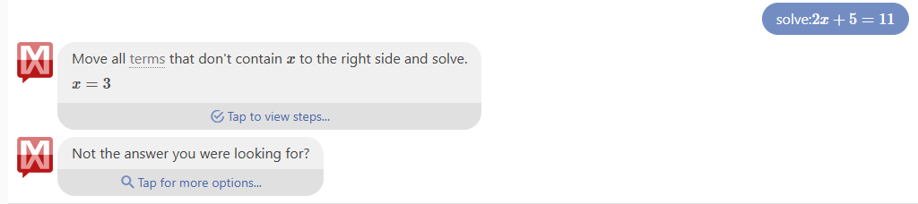 Mathway AI Math solver interface solving 2x + 5 = 11, showing a formula-heavy answer with limited explanatory context.
