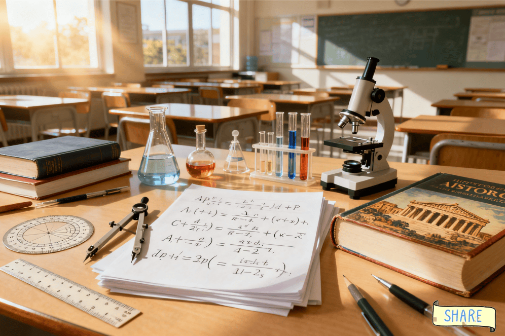 Classroom table with science equipment, math tools, and handwritten AP formulas, illustrating what AP courses teach.