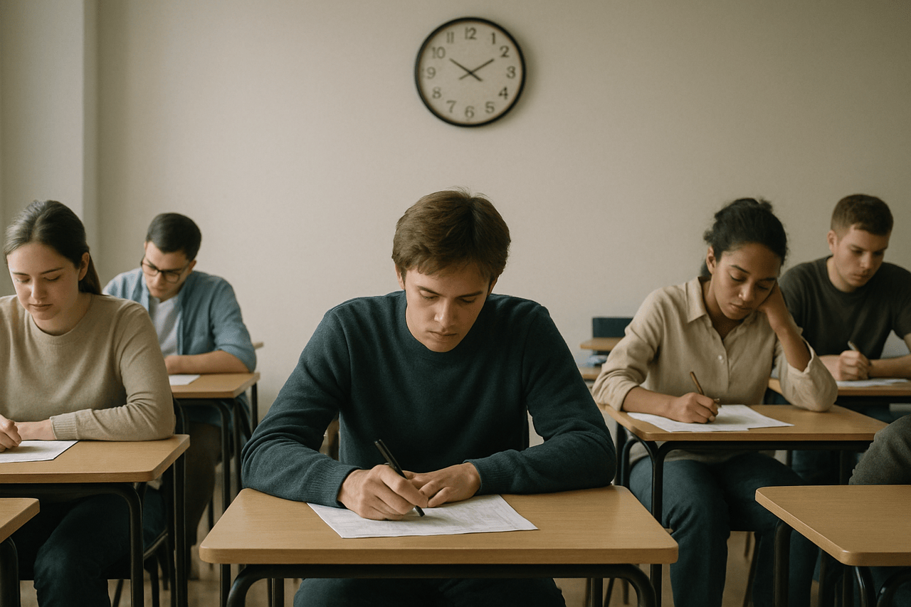 Students focused on writing AP exams in a classroom, showing how AP exams are implemented.