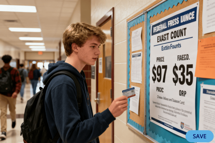 Student checking AP exam information on a bulletin board, relating to registration costs and fee reduction policies for exams.