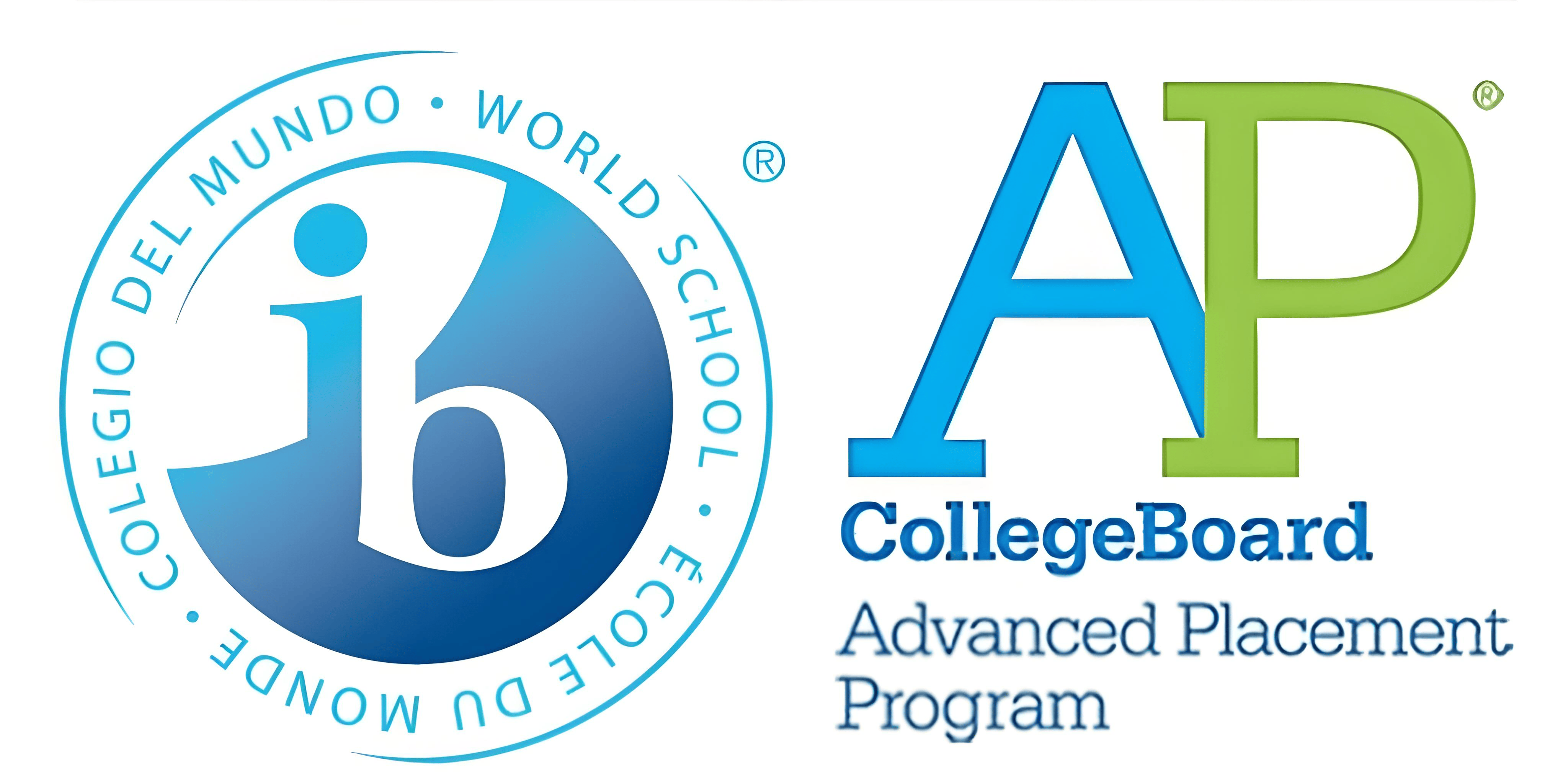 Logos of IB (International Baccalaureate) and AP (Advanced Placement Program), representing the comparison between two high school curricula.
