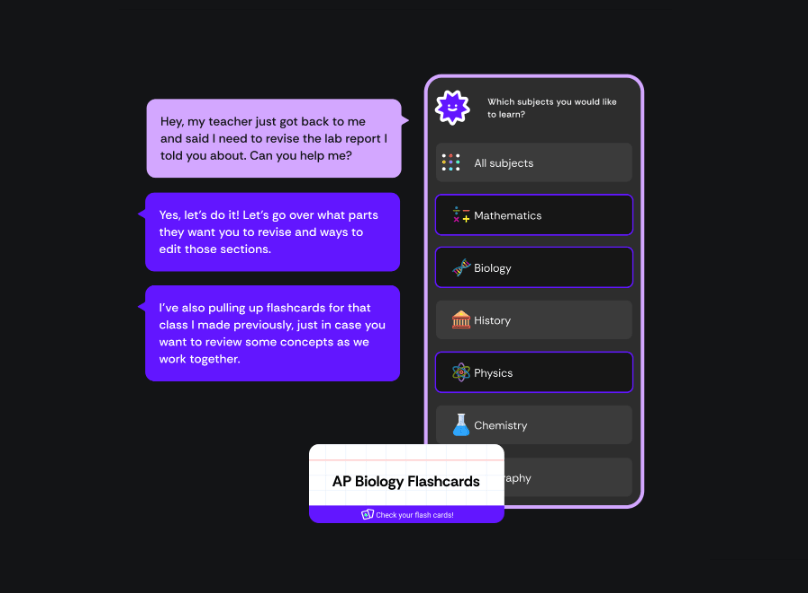 Answer AI's chat interface with subject selection and flashcards for multi-subject academic assistance.